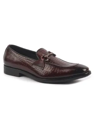 Men Brown Genuine Leather Horsebit Buckle Textured Office Formal Slip On Shoes|Slip Resistant Sole with Memory Cushioned