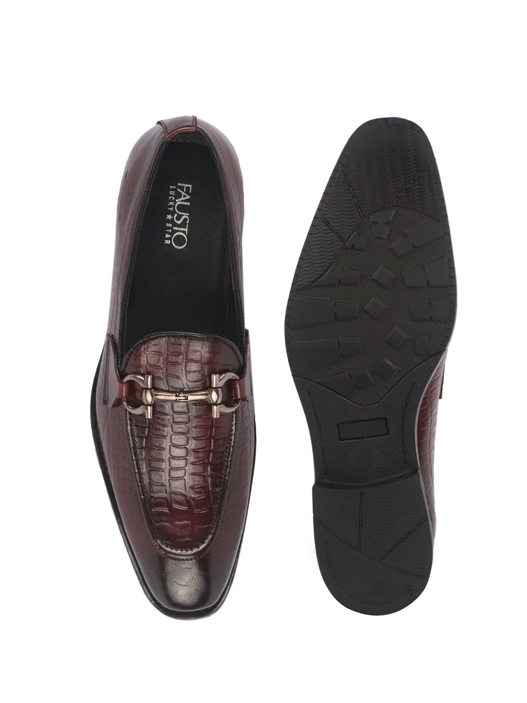Men Brown Genuine Leather Horsebit Buckle Textured Office Formal Slip On Shoes|Slip Resistant Sole with Memory Cushioned