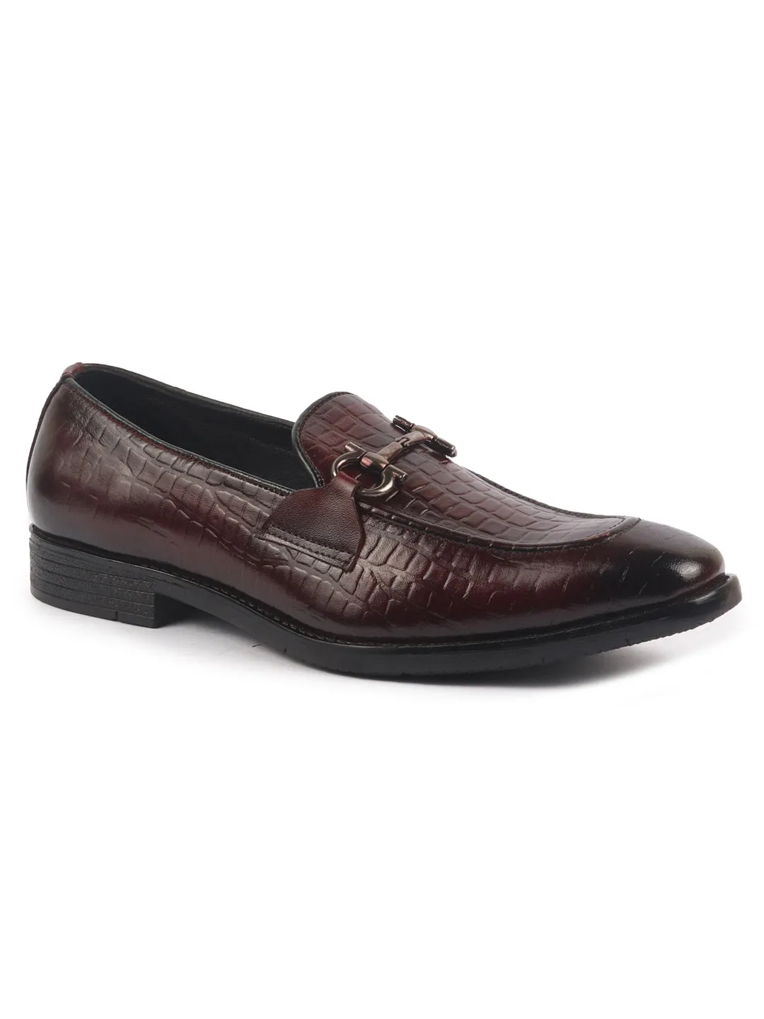 Men Brown Genuine Leather Horsebit Buckle Textured Office Formal Slip On Shoes|Slip Resistant Sole with Memory Cushioned
