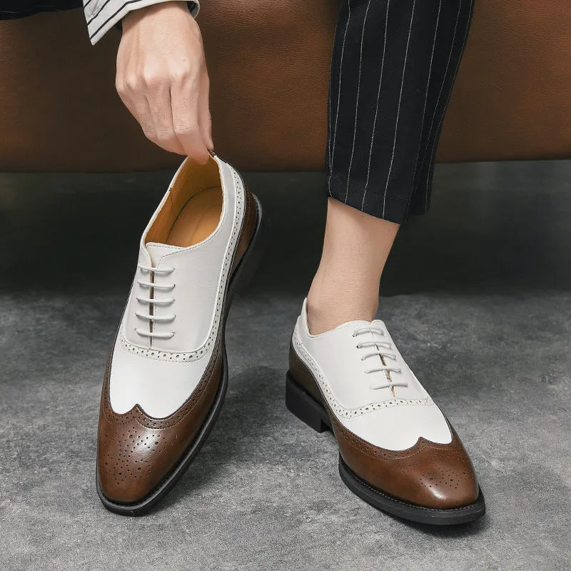 Men's Brock Dress Shoes Leather Color Matching Oxford Leather Shoes Large Size Office Lace-up Men's Shoes