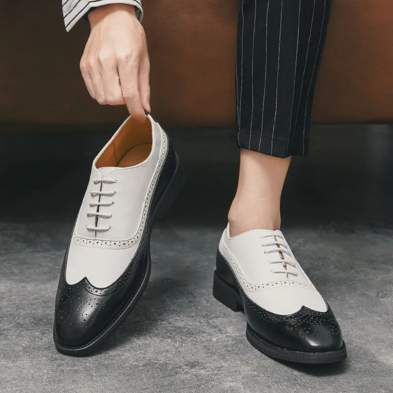 Men's Brock Dress Shoes Leather Color Matching Oxford Leather Shoes Large Size Office Lace-up Men's Shoes