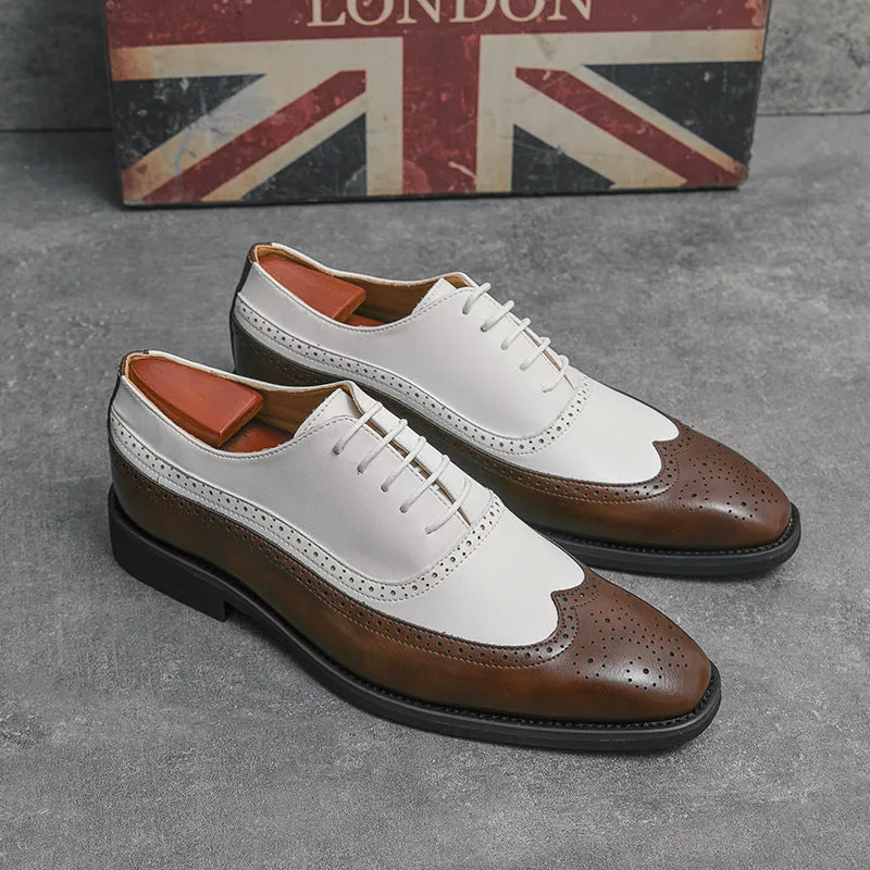 Men's Brock Dress Shoes Leather Color Matching Oxford Leather Shoes Large Size Office Lace-up Men's Shoes