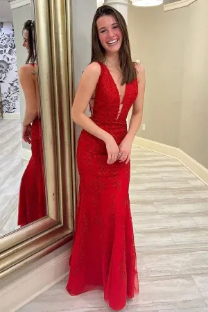 Mermaid Deep V Neck Red Lace Long Prom Dress Formal Dress TP1157
