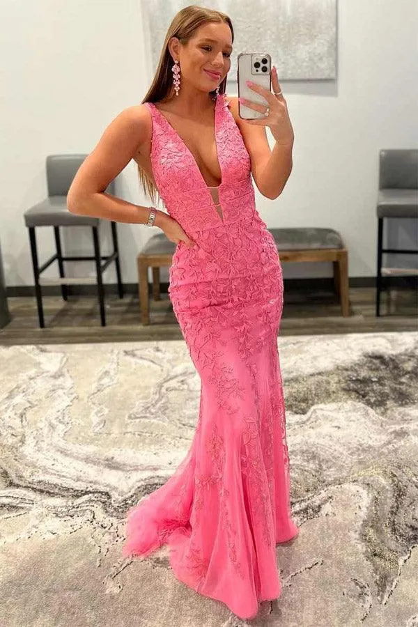 Mermaid Deep V Neck Red Lace Long Prom Dress Formal Dress TP1157