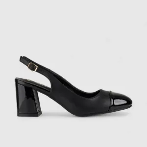 PC Slingback Block Heel Court Shoe Black 10588