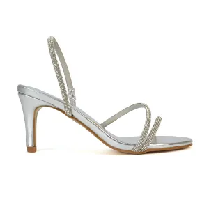 Polly Slingback Strappy Diamante Stiletto High Heel Sandals in Silver Metallic