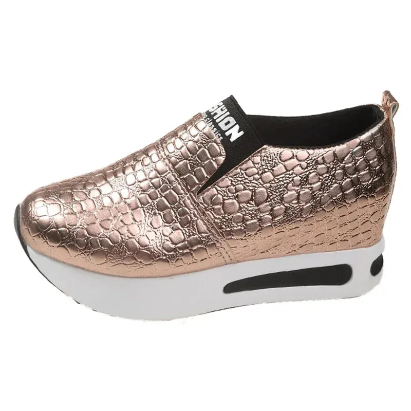 Silver PU Leather Platform Sneakers Women Casual Non-Slip Thick Sole Sports Shoes Woman Plus Size Slip-On Loafers Zapatos Mujer