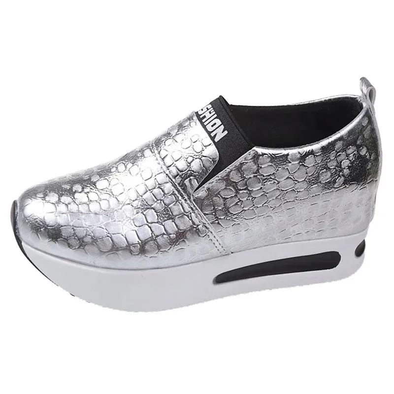 Silver PU Leather Platform Sneakers Women Casual Non-Slip Thick Sole Sports Shoes Woman Plus Size Slip-On Loafers Zapatos Mujer