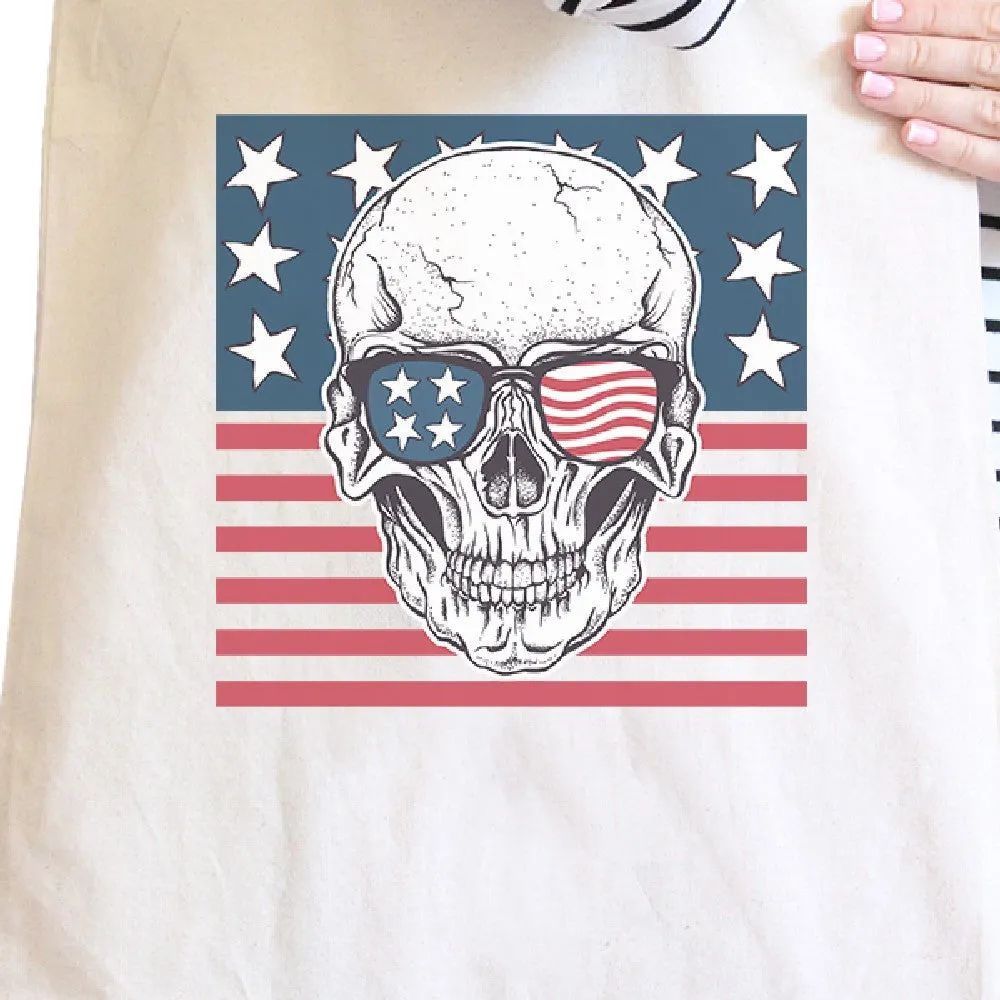 Skull American Flag Natural Reusable July 4th Canvas Shoulder Bag