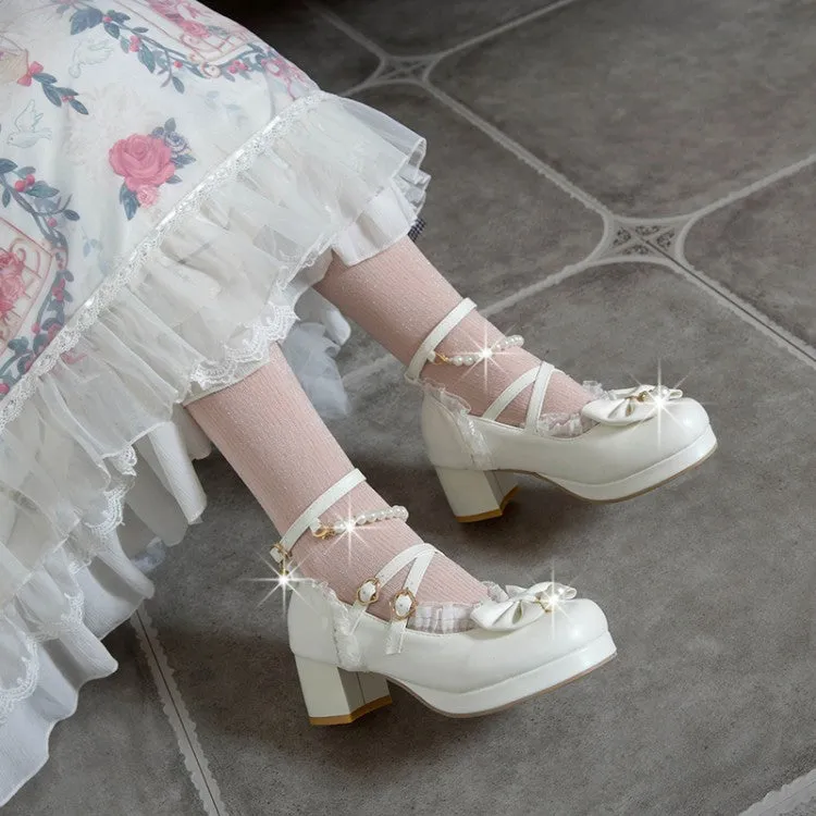 Women Bow Tie Pearls Mary Janes Chunky Heel Platform Pumps
