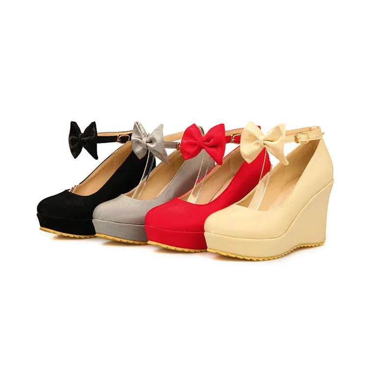 Women's Ankle Strap Bowtie Platform Wedges High Heel Pumps