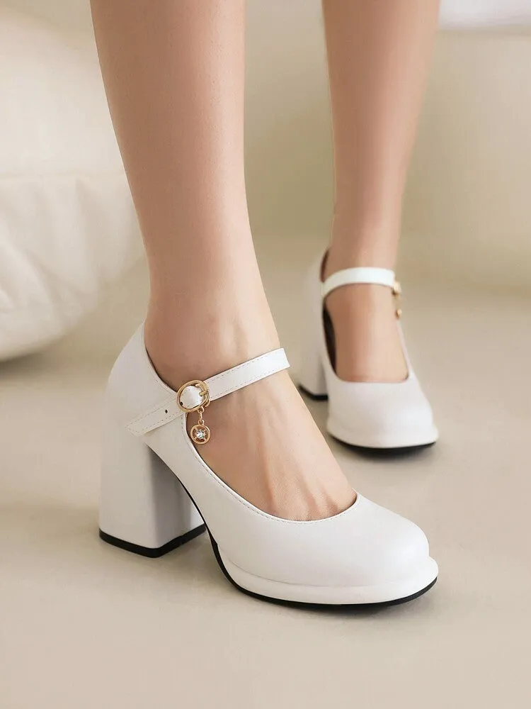 Women's Round Toe Shallow Mary Janes Block Chunky Heel Platform Pumps