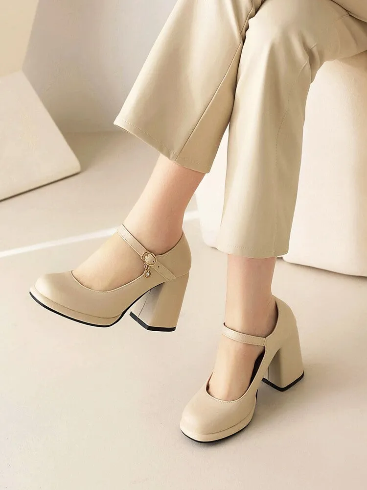 Women's Round Toe Shallow Mary Janes Block Chunky Heel Platform Pumps