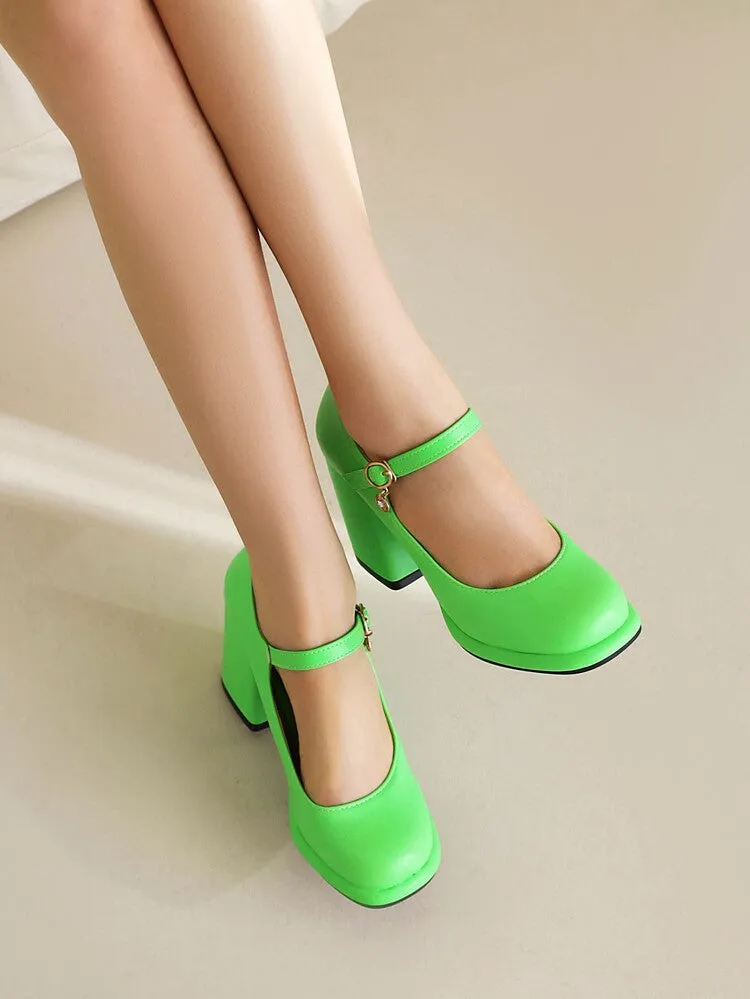 Women's Round Toe Shallow Mary Janes Block Chunky Heel Platform Pumps