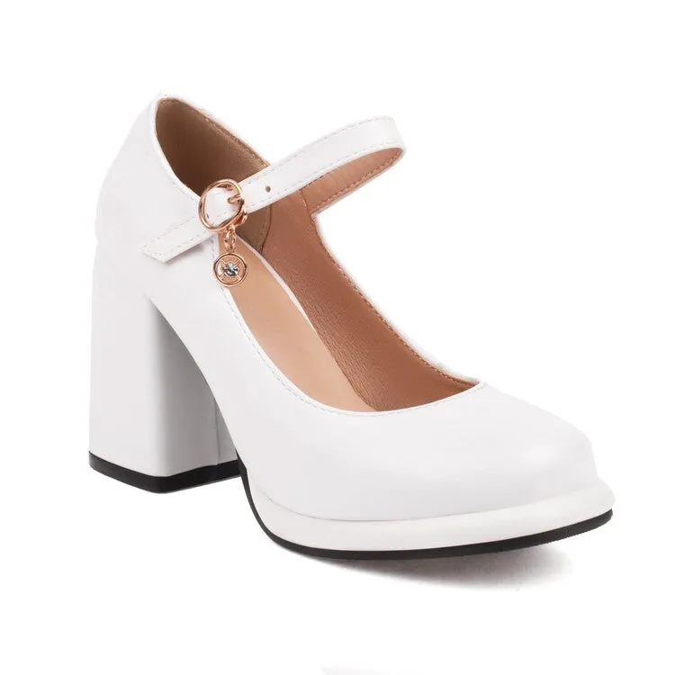 Women's Round Toe Shallow Mary Janes Block Chunky Heel Platform Pumps