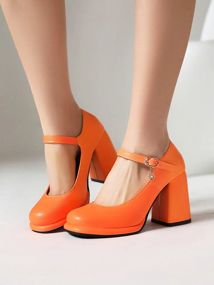 Women's Round Toe Shallow Mary Janes Block Chunky Heel Platform Pumps