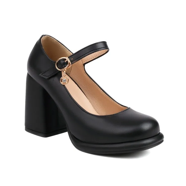 Women's Round Toe Shallow Mary Janes Block Chunky Heel Platform Pumps