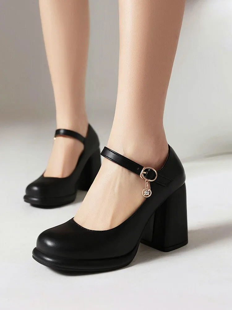 Women's Round Toe Shallow Mary Janes Block Chunky Heel Platform Pumps