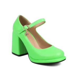 Women's Round Toe Shallow Mary Janes Block Chunky Heel Platform Pumps
