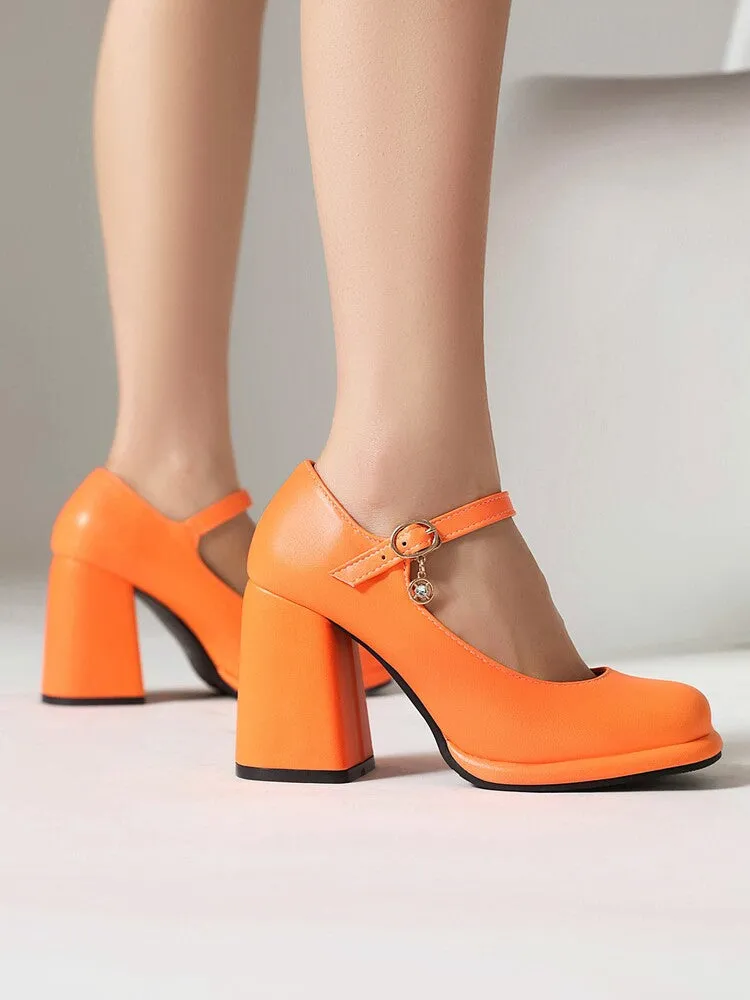Women's Round Toe Shallow Mary Janes Block Chunky Heel Platform Pumps