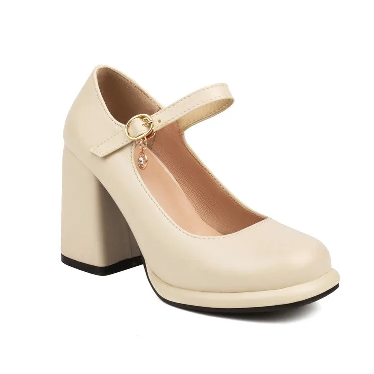 Women's Round Toe Shallow Mary Janes Block Chunky Heel Platform Pumps