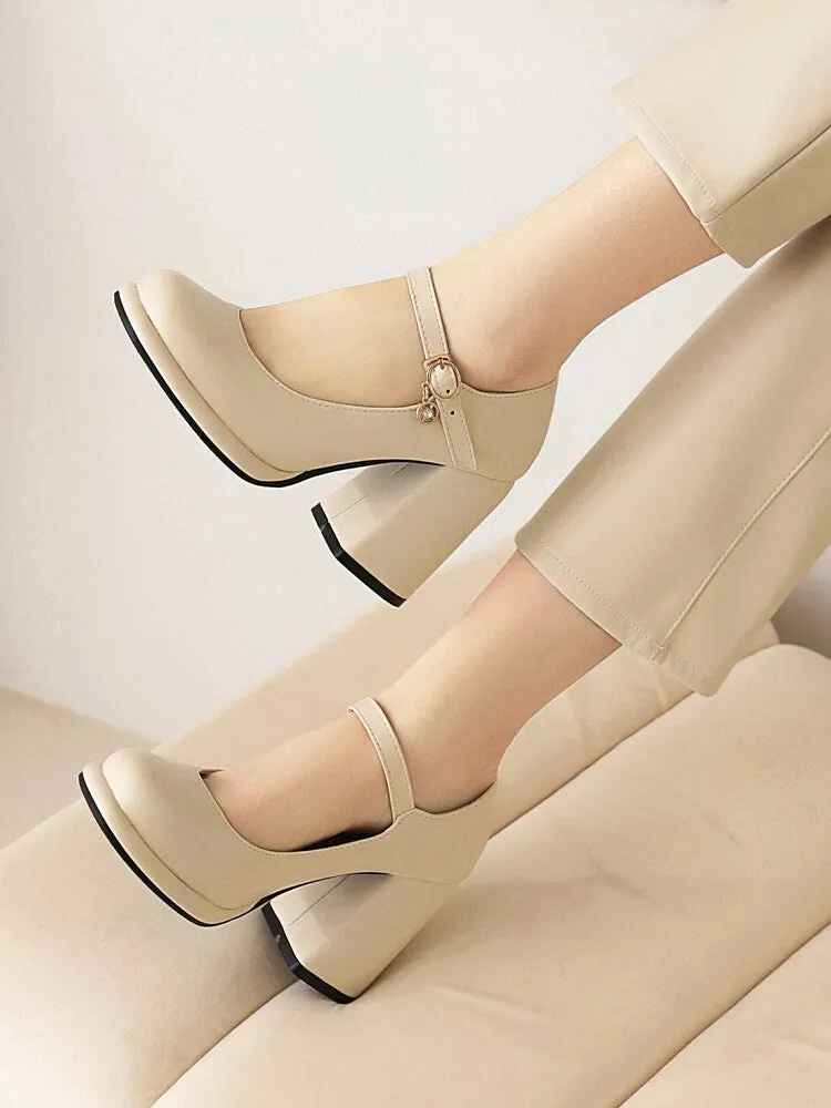 Women's Round Toe Shallow Mary Janes Block Chunky Heel Platform Pumps