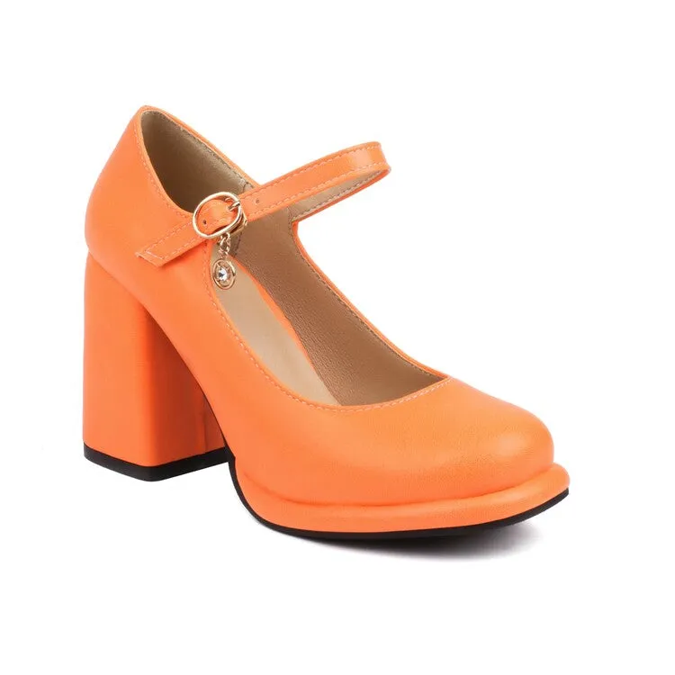 Women's Round Toe Shallow Mary Janes Block Chunky Heel Platform Pumps