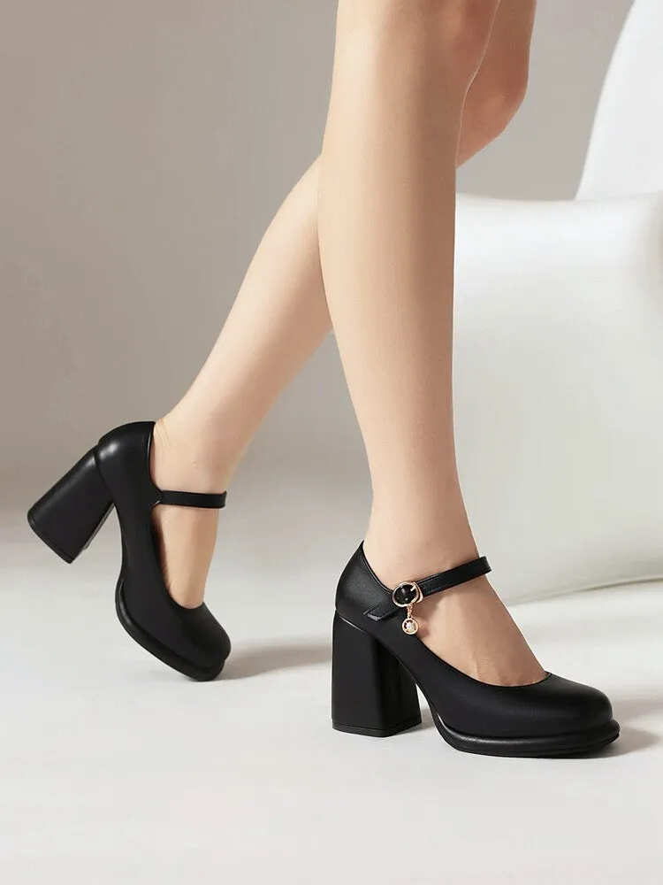 Women's Round Toe Shallow Mary Janes Block Chunky Heel Platform Pumps