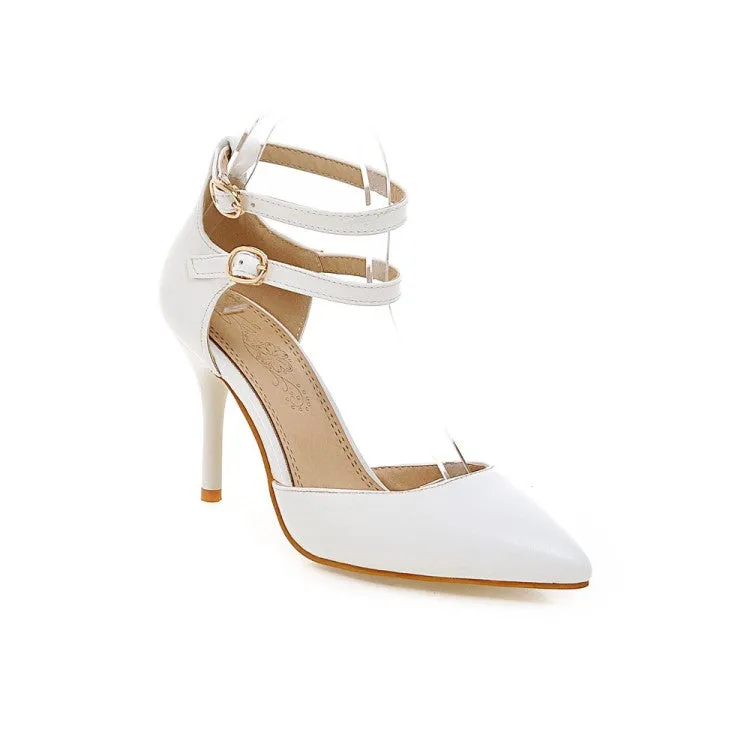 Women's Solid Color Pointed Toe Double Ankle Strap Spool Heel High Heeled Sandals