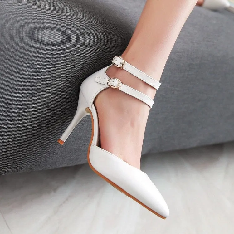 Women's Solid Color Pointed Toe Double Ankle Strap Spool Heel High Heeled Sandals
