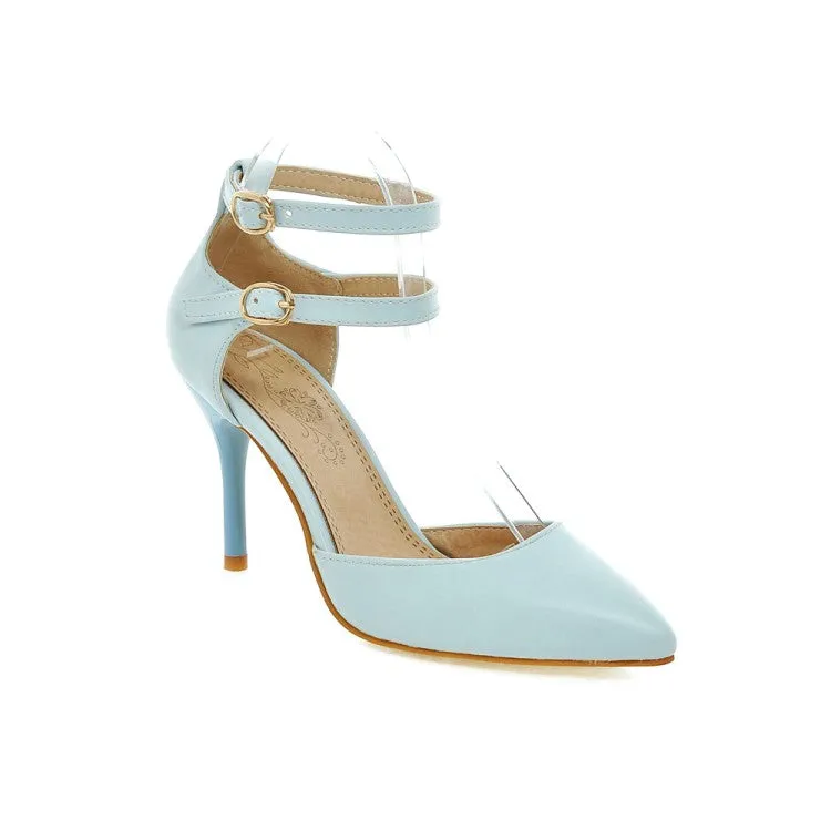 Women's Solid Color Pointed Toe Double Ankle Strap Spool Heel High Heeled Sandals