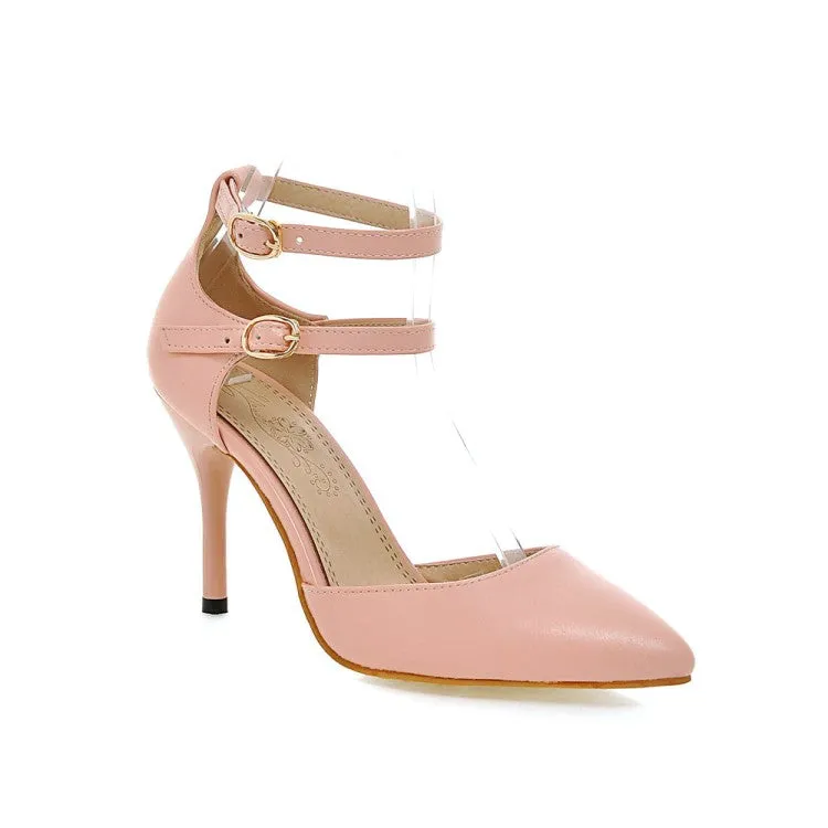 Women's Solid Color Pointed Toe Double Ankle Strap Spool Heel High Heeled Sandals