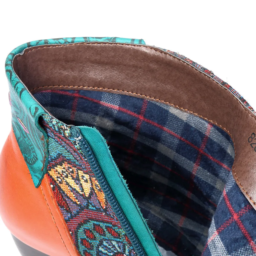 Zalor Bohemian Color Match Splicing Pattern Zipper Ankle Leather Boots