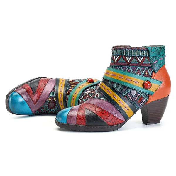 Zalor Bohemian Color Match Splicing Pattern Zipper Ankle Leather Boots