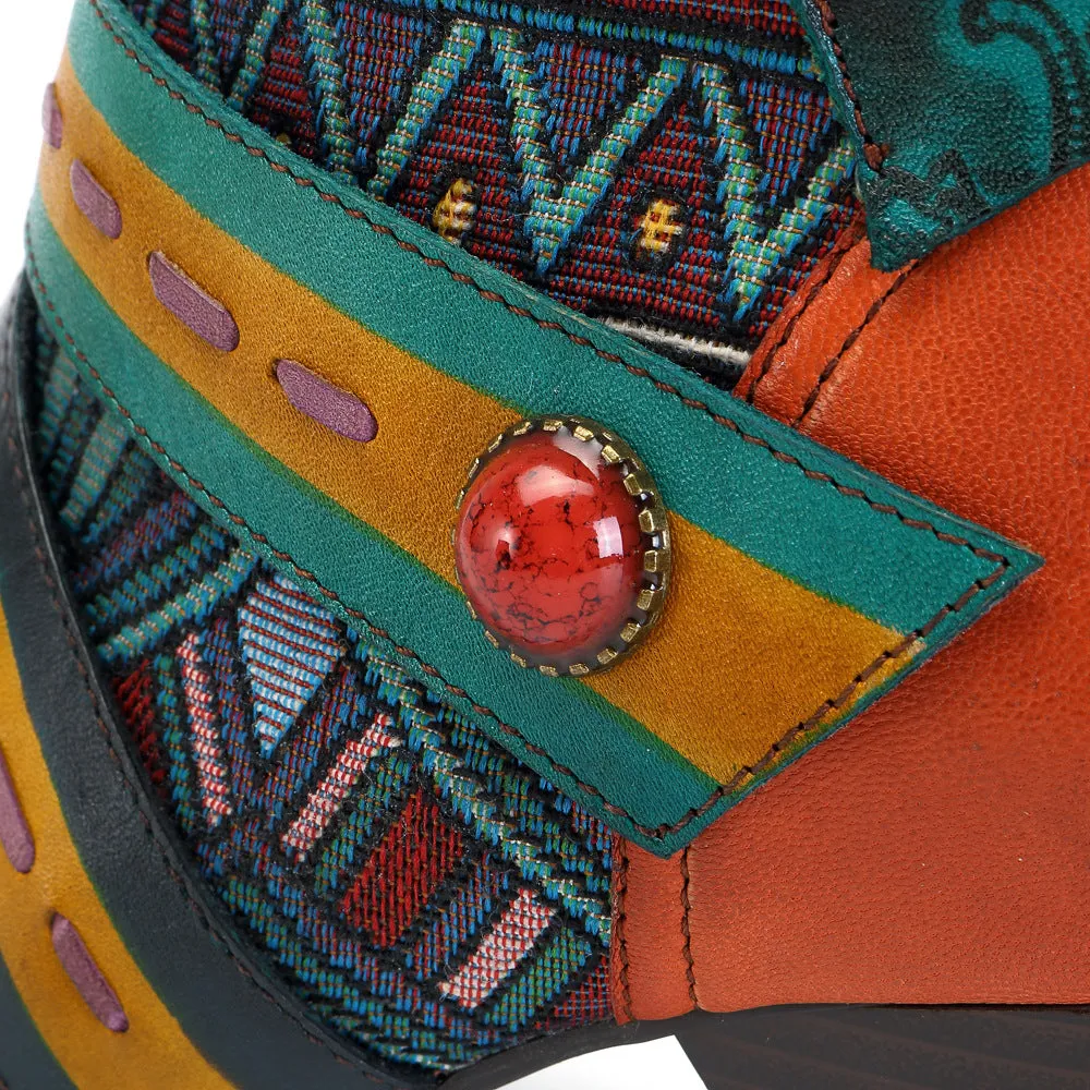Zalor Bohemian Color Match Splicing Pattern Zipper Ankle Leather Boots