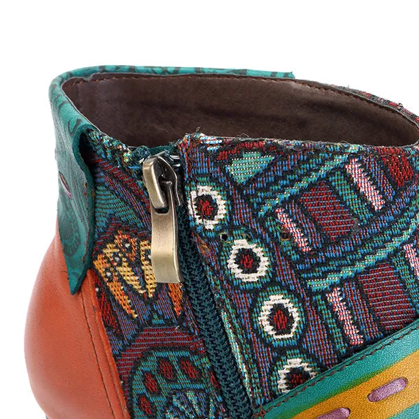 Zalor Bohemian Color Match Splicing Pattern Zipper Ankle Leather Boots