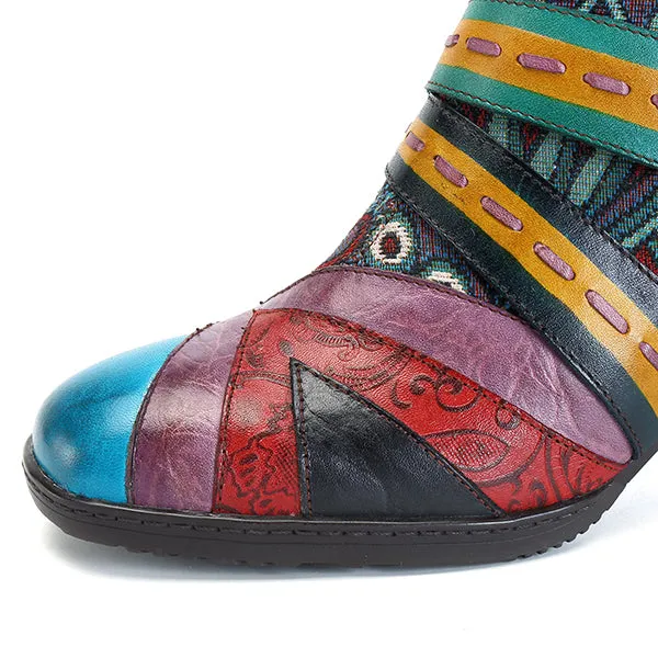 Zalor Bohemian Color Match Splicing Pattern Zipper Ankle Leather Boots