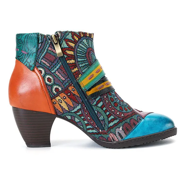 Zalor Bohemian Color Match Splicing Pattern Zipper Ankle Leather Boots