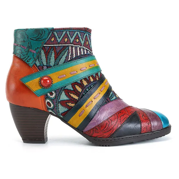 Zalor Bohemian Color Match Splicing Pattern Zipper Ankle Leather Boots