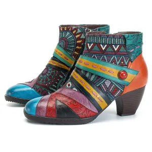Zalor Bohemian Color Match Splicing Pattern Zipper Ankle Leather Boots