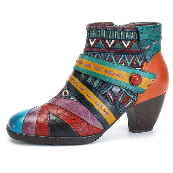 Zalor Bohemian Color Match Splicing Pattern Zipper Ankle Leather Boots
