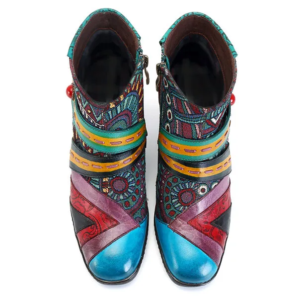Zalor Bohemian Color Match Splicing Pattern Zipper Ankle Leather Boots