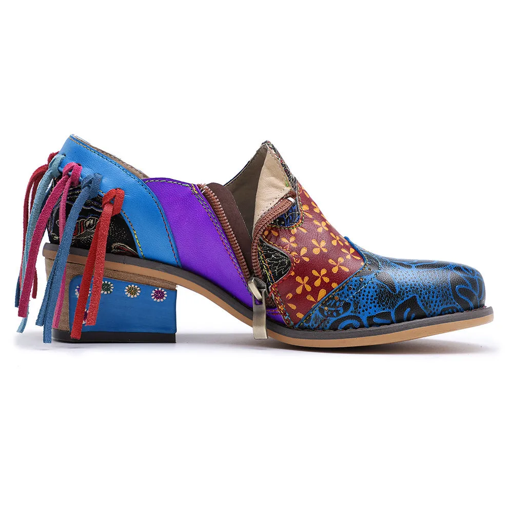 Zalor Bohemian Flower Printing Pattern Ankle Genuine Leather Boots