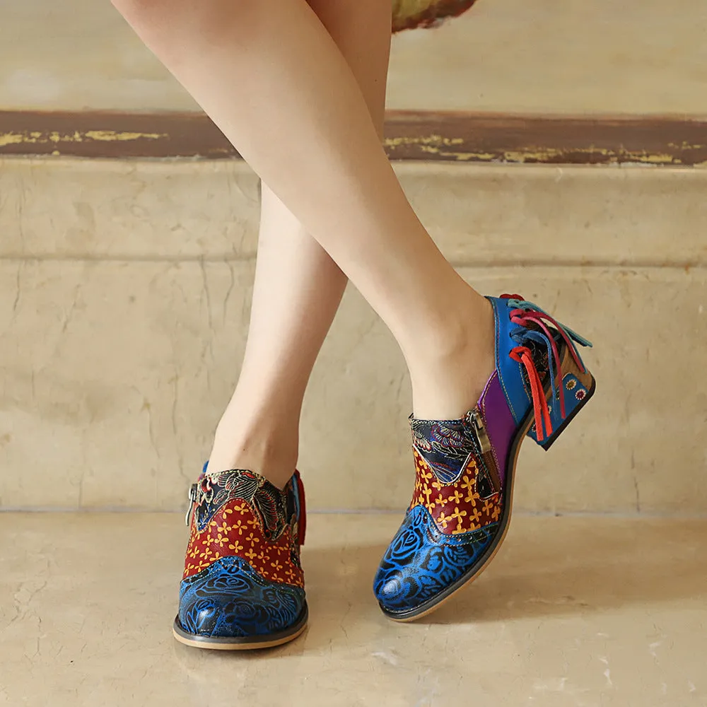 Zalor Bohemian Flower Printing Pattern Ankle Genuine Leather Boots