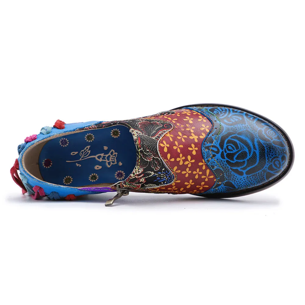 Zalor Bohemian Flower Printing Pattern Ankle Genuine Leather Boots