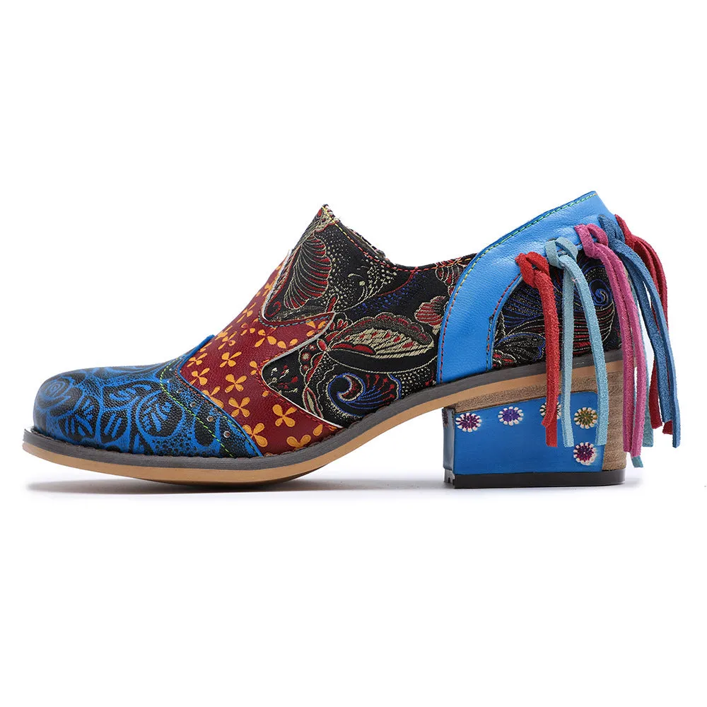 Zalor Bohemian Flower Printing Pattern Ankle Genuine Leather Boots