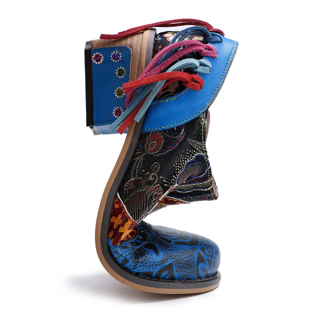 Zalor Bohemian Flower Printing Pattern Ankle Genuine Leather Boots