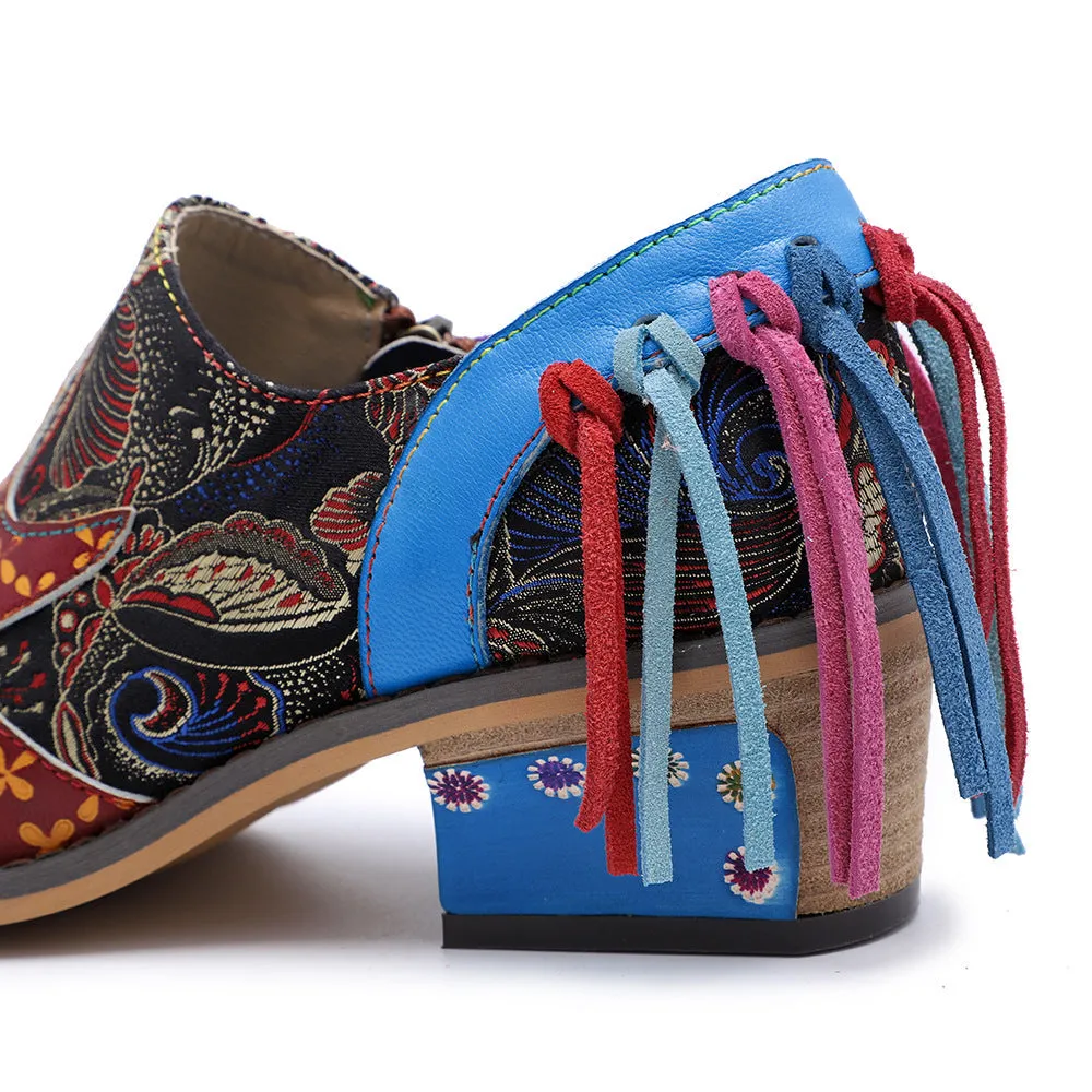 Zalor Bohemian Flower Printing Pattern Ankle Genuine Leather Boots
