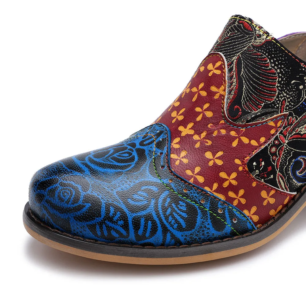 Zalor Bohemian Flower Printing Pattern Ankle Genuine Leather Boots