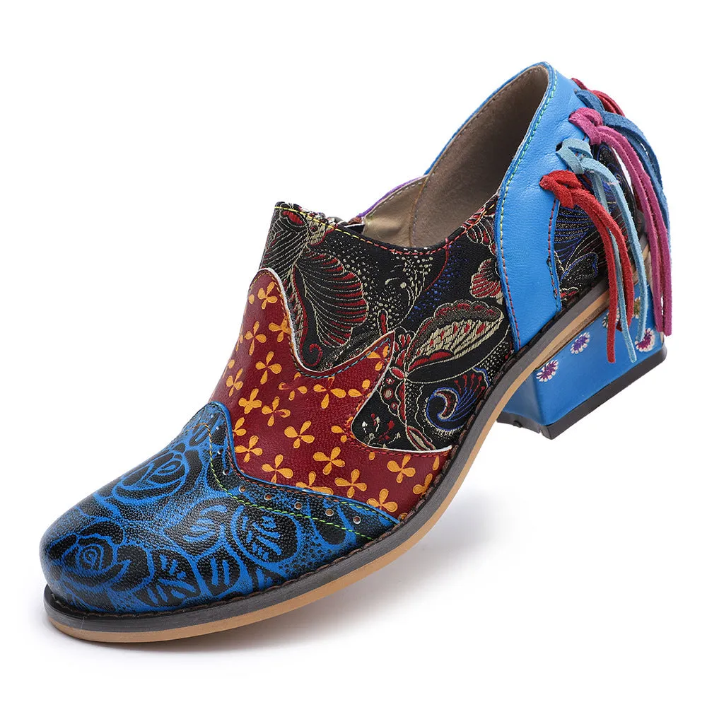 Zalor Bohemian Flower Printing Pattern Ankle Genuine Leather Boots